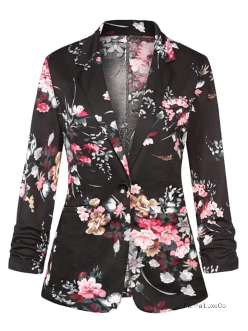 Women's Dressy Casual Ruched 3/4 Sleeve Lapel Button Work Blazer with Pockets